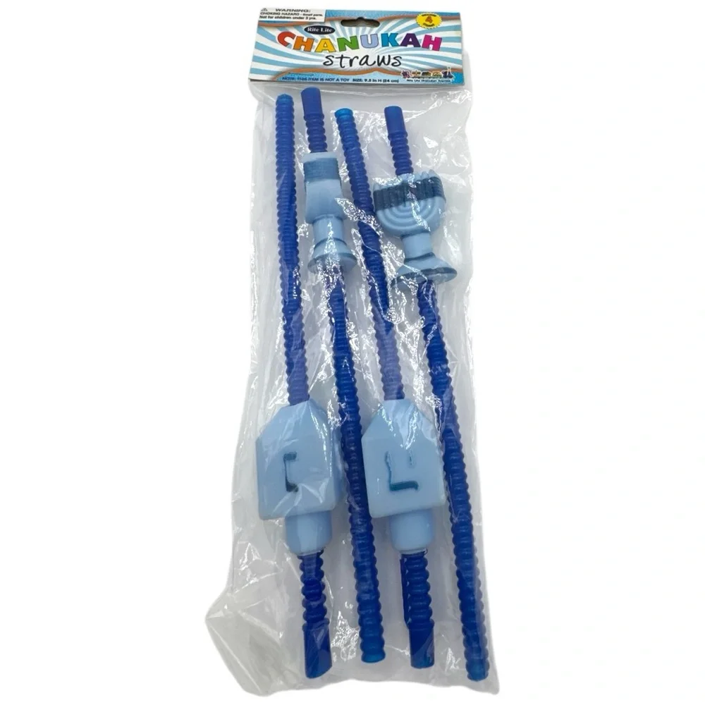 New Rite Lite Festive 4 Blue Hanukkah Straws Dreidels and Menorahs